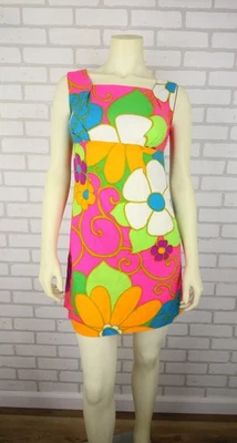 Malihini Vintage Hawaiian Pink Colorful Floral Hostess Mini Dress Aprox XS- S - Image 1 of 4