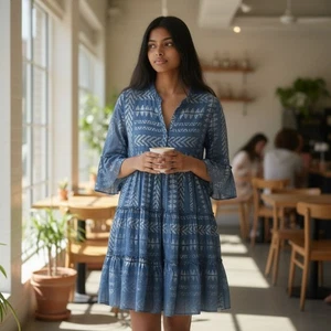 Elan Clara Mini Dress SZ SM Blue Silver Metallic Tiered Ruffle Bell Sleeves BOHO - Picture 1 of 13