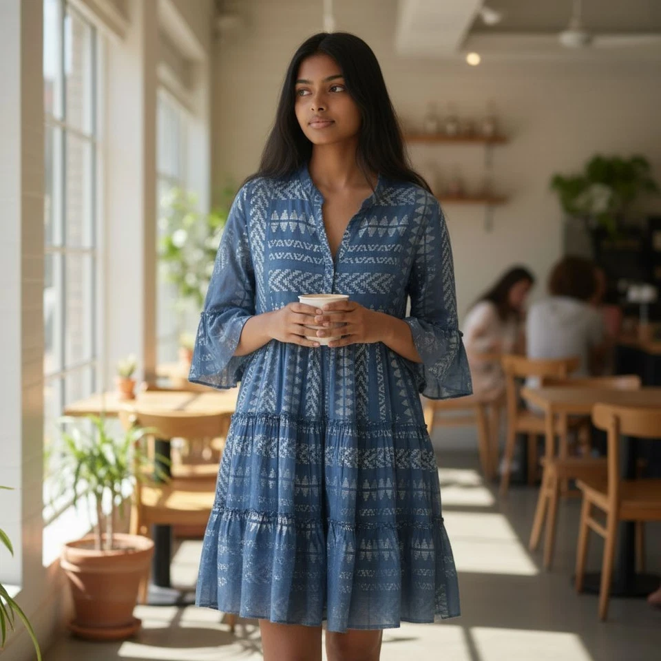 Mini Vestido Elan Clara Talla Pequeña Azul Plateado Metálico En Niveles Volantes Mangas Campana BOHO Foto 1 de 4