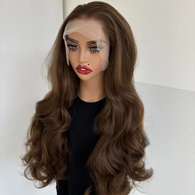 Pelucas frontales de encaje ondulado largo marrón claro resistente al calor pre arrancadas naturales Foto 1 de 4