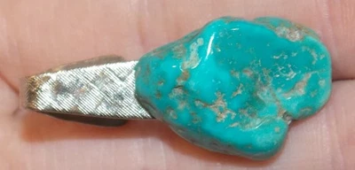 Turquoise Stone Silvertone Men's Tie Bar Clasp Costume Jewelry - Image 1 of 4