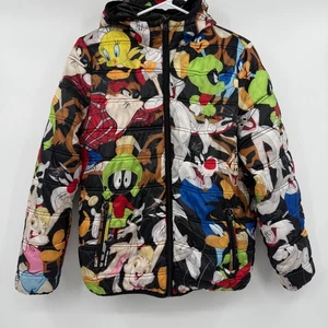 Members Only Jacket Youth 18 Black Multicolor Looney Tunes Puffer Outdoor Hoodie - Picture 1 of 14