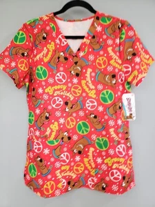NEW GROOVY SCOOBY DOO sz SMALL medical scrub top christmas hippie peace sign - Picture 1 of 4