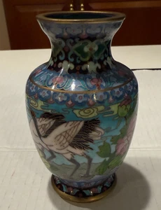 Chinesische antike blaue Emaille Cloisonné Vase mit Blumen und Vögeln 5" hoch - Bild 1 von 5