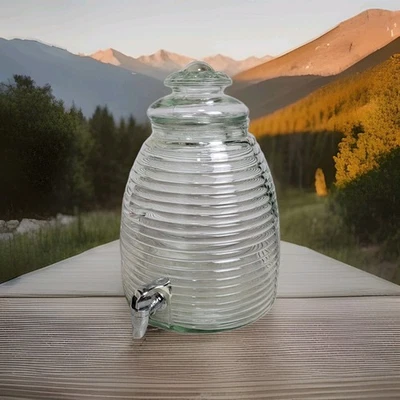 🐝 Dispensador de bebidas de vidrio colmena vintage tarro acanalado transparente de 2,4 galones Foto 1 de 4
