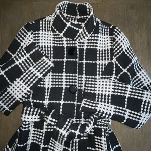 Poetry Clothing Belted Plaid Black and White Coat Med Snap Closure - Picture 1 of 17