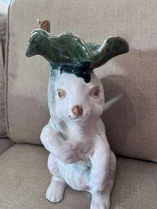 Vintage White Rabbit Cactus Flower Majolica Art Pottery Figural Vase Figurine - Picture 1 of 12