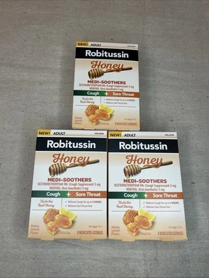 Lote de 3 caixas•Robitussin•Chupetas médias•Limão mel•Pastilhas medicinais•Exp 4/26 - Imagem 1 de 4