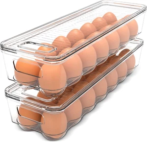Egg Container With Lid and Handle for Refrigerator - Pack of 2 - Clear Stackable - Picture 1 of 7