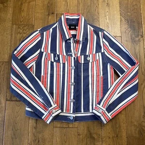 BDG Striped Denim Jean Jacket Trucker Red White Blue Patriotic Size Small - Picture 1 of 6