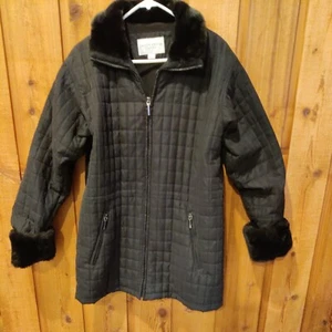 Vintage Jaclyn Smith klassische gesteppte schwarze Winterjacke Gr. M Kunstfellbesatz - Bild 1 von 10