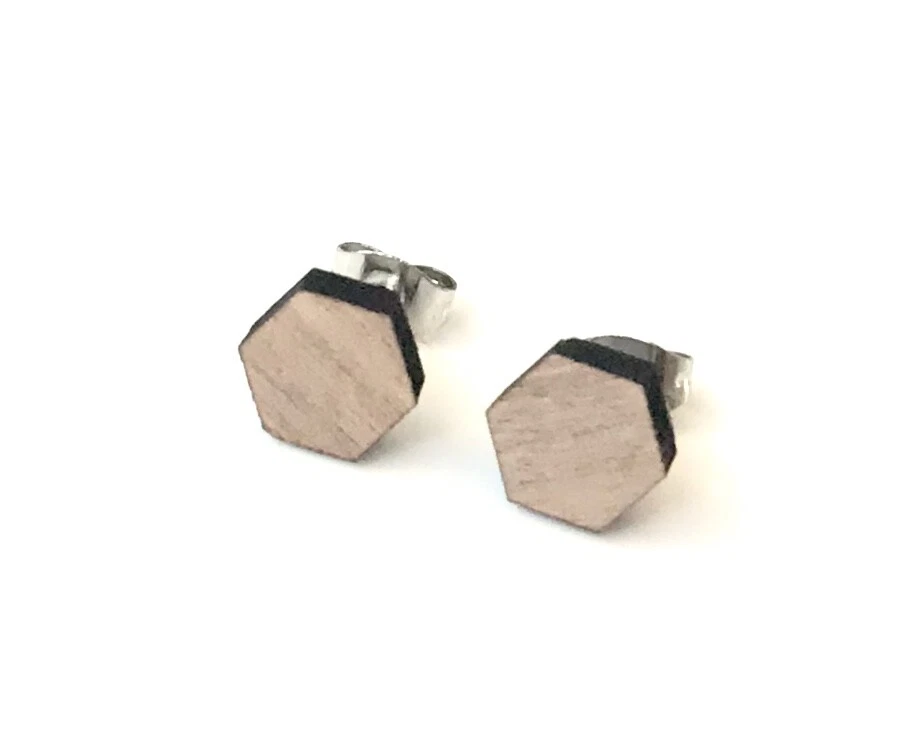 Hexagonal Ear Studs In Walnut Wood 8mm 316L Surgical Steel Posts With Gift Bag - Image 1 of 1