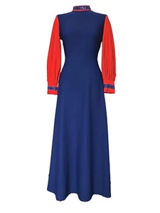 WOMEN'S/LADIES 70’S VINTAGE, RED/BLUE ABSTRACT HIGH NECK MAXI RETRO DRESS - Picture 1 of 6