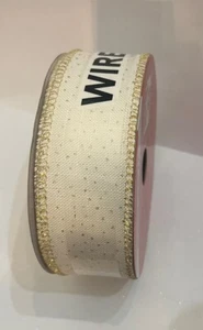 1.5”x 30ft Wired Edge Ribbon. Vanilla White  With Gold Glitter Dots.  Wedding. - Picture 1 of 4