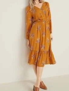 New Old Navy Women V Neck Midi Dress Mustard Yellow Floral Size XL - Picture 1 of 6