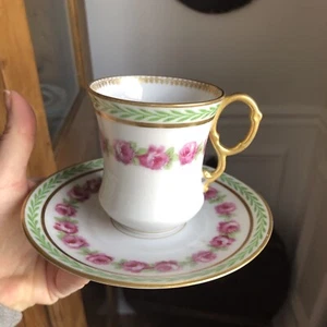 Antique Limoges. Porcelain Demitasse Cups Saucers ROSES w Enamel Double Gilt Set - Picture 1 of 10
