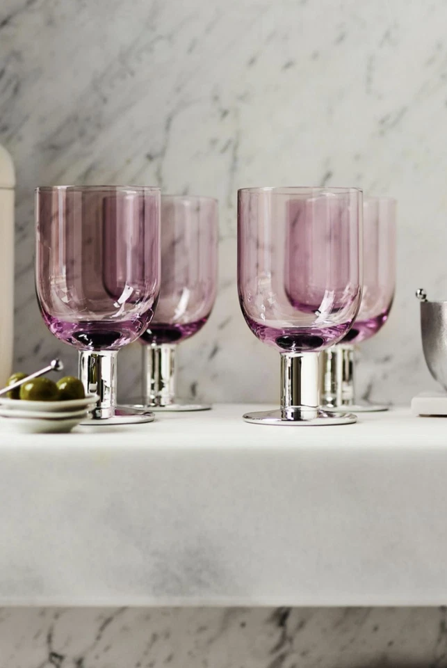 Anthropologie Bo 酒杯 紫丁香 4 件套 银色 底座 Stem 全新带盒 — 第 1/1 张图片