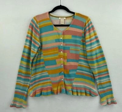 Cárdigan Sundance Mediano Suéter Bloque de Color Rayas Volantes Cuadrado Botón B15-05 Foto 1 de 4