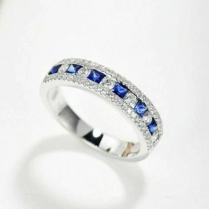 Anillo de boda de plata enchapado en oro blanco de 14 quilates con diamantes simulados de princesa de 2 quilates - Imagen 1 de 6