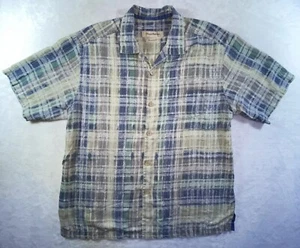 Tommy Bahama Seidenhemd Herren M Kokos Knopfleiste blau grün braun kariert Tasche - Bild 1 von 19