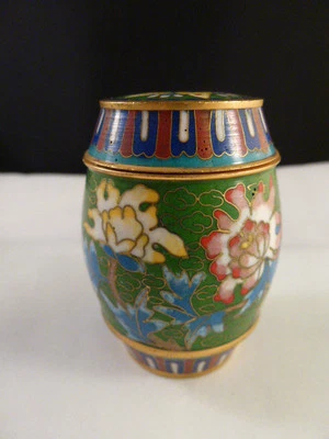 ANTIGUO CLOISONNE ESMALTE AZUL HUMIDOR FORMA BARRIL FRASCO CAJA BOTE Foto 1 de 4