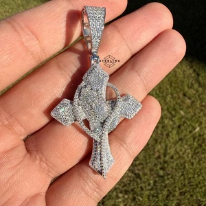 Moissanite Cross Prayer Hand Iced Pendant 925 S.Silver Pass Testers + Rope Chain - Picture 1 of 11