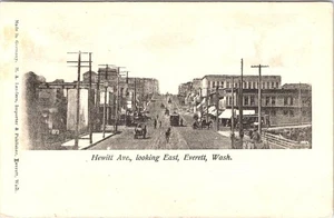 Everett, WA Washington HEWITT AVENUE STRASSENSZENE 1907 Vintage schwarzweiß Postkarte - Bild 1 von 2