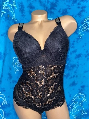 Juicy Couture Sheer Black Lace Gold Studded Straps Bra Thong Teddy Bodysuit L - Image 1 of 4