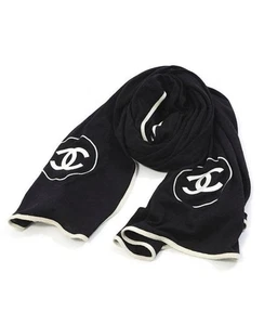CHANEL Vintage Muffler Black Scarf Wrap W/ White Logo Silk Cashmere Accessory - Picture 1 of 7