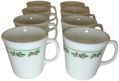 Vtg HOLLY DAYS Corning Corelle Pyrex Mug Set of 8 Cups Milk Glass Holiday Xmas - Image 1 of 4