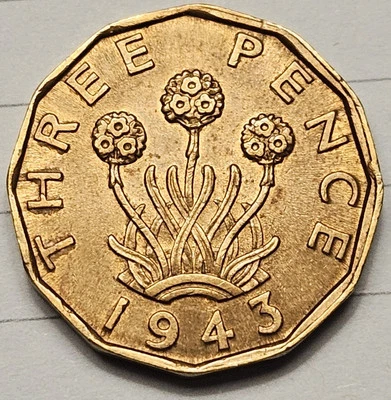 1943 Great Britain 3 Pence Coin UNC WW2 Era - Image 1 of 2