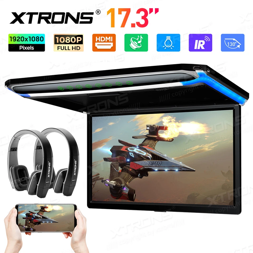 17.3" Car Roof Ceiling Flip Down Overhead Monitor 1080P USB HDMI HD TV +Headsets - Image 1 of 4