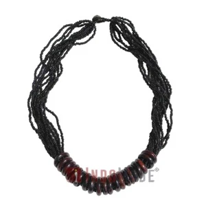Schöne schwarze 16-Strang schlichte Glasperlen Halskette Holz Deko Ringe - Bild 1 von 6