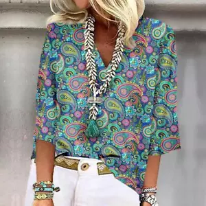 Women's Shirt Blouse 3/4 Sleeve Shirts Print V Neck Tops Print Tops T-shirts Tee - Picture 1 of 27