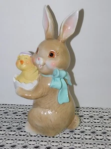 12" BUNNY HOLDING EGG & CHICK EASTER FIGURE DECORATION HAS THE LOOK OF CERAMIC - Picture 1 of 5