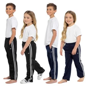 Kids Jogger Bottoms Boys Girls Casual Side Stripe Leisure Loose Leg PE Trousers - Picture 1 of 9