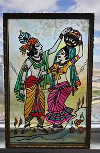 Dipinto vintage indù vetro colorato Lord Radha Krishna indiano spirituale arte da parete - Foto 1 di 16