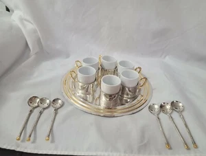 Vintage Davco Silber Gold Set 6 Demitasse mit 11" rundem Tablett & Löffel Neu - Bild 1 von 12