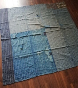 Vintage Japanese Boro Sashiko Rug Asagi Blue Aizome Striped Cotton Fabric - Picture 1 of 10