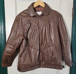 VTG 80's Bomber Coat Leatherberry Junior's Size 7/8 Brown Floral Embroidered - Picture 1 of 24