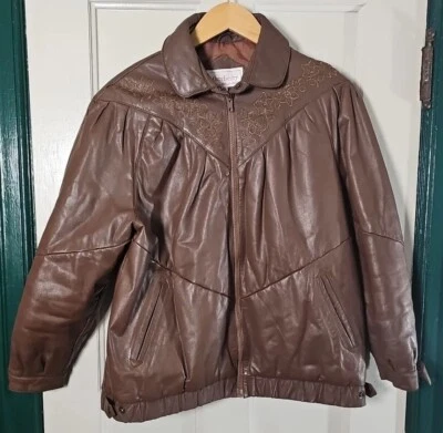 VTG 80's Bomber Coat Leatherberry Junior's Size 7/8 Brown Floral Embroidered - Image 1 of 4