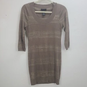 Attention Knit Dress Women Extra Small Brown Metallic Gold Pullover 3/4 Sleeve - Picture 1 of 10