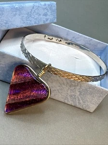 Chelsea Taylor Silver Toned M Bracelet W/ Iridescent Art Glass Charm 6.25- 6.75” - Picture 1 of 9