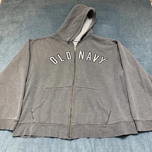 Y2K Old Navy Hoodie Herren 2XL grau Spellout Logo Baumwolle Fleece gefüttert durchgehender Reißverschluss - Bild 1 von 14