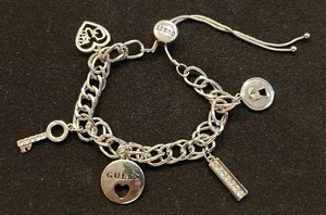 Designer GUESS Silvertone Charm Bracelet with Crystals - Picture 1 of 8