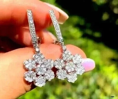 2 Ct Round Cut Lab-Created Diamond Drop Dangle Earrings 14k White Gold Plated - Image 1 of 3