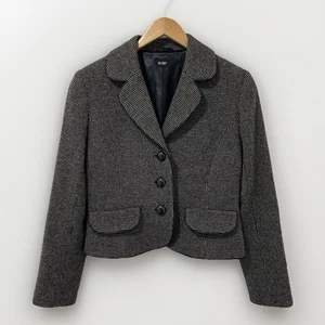 Hobbs 100% Wool Cropped Blazer Jacket Women's UK 12 Black & White Micro Check - Picture 1 of 24