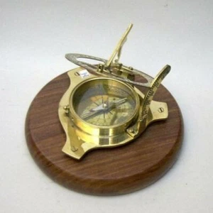 NAUTICAL MARINE NAVIGATION 3-1/2" BRASS SUN DIAL COMPASS with 6" WOOD BASE New - Picture 1 of 1