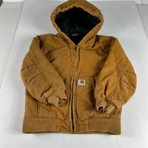 Carhartt Duck Canvas Quilted Jacket Youth Small 7-8 Tan Full Zip Hooded Bomber - Picture 1 of 16