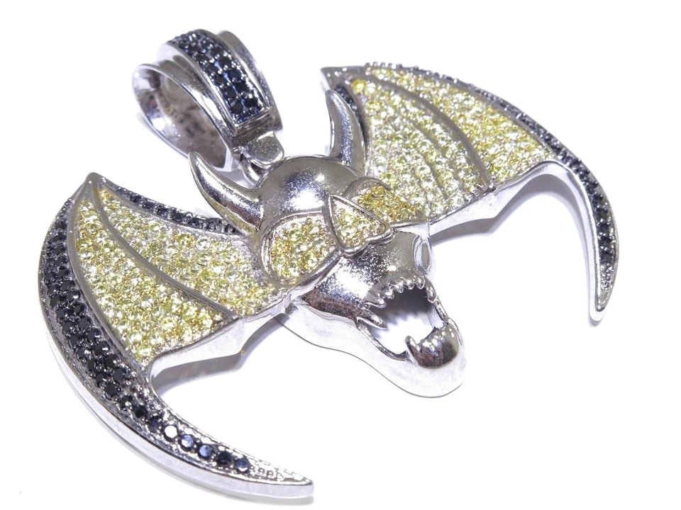 Juego de puntas de corte redondo negro y amarillo de plata .925 para hombre calavera murciélago 31,3 g colgante Foto 1 de 1